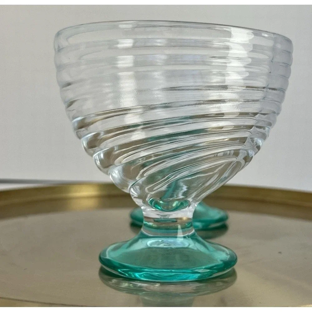 Dessert Cups Ribbed Footed Aqua Stem Sherbet Glasses Vintage Glassware Set of 2